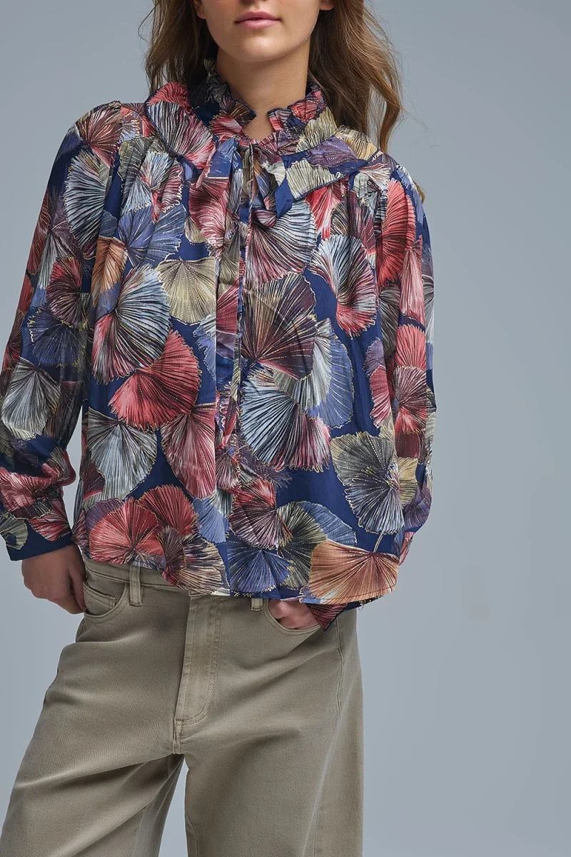 Blusa com folhos estampada Boho-Chic em estampado de palmas metálicas - Image 5
