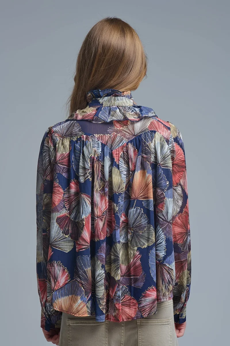 Blusa com folhos estampada Boho-Chic em estampado de palmas metálicas - Image 7