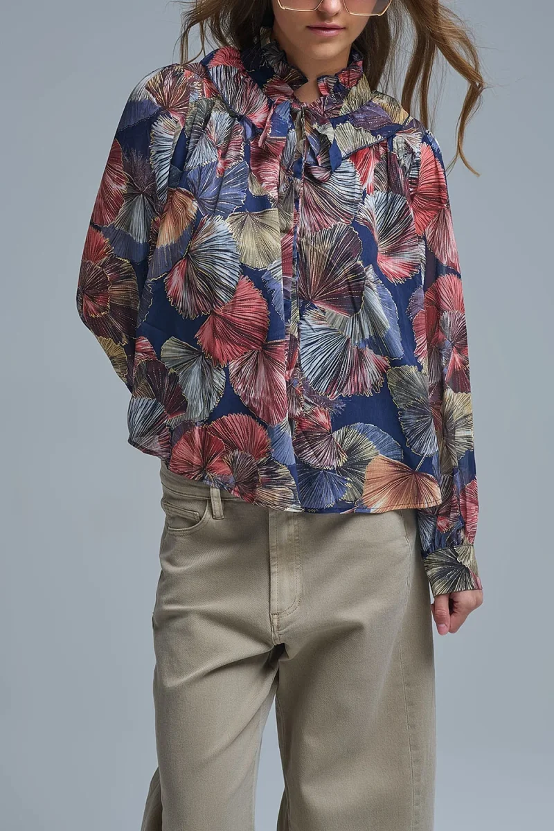Blusa com folhos estampada Boho-Chic em estampado de palmas metálicas - Image 6