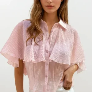 Blusa de chiffon texturada cor-de-rosa com mangas caídas