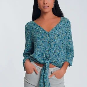 Blusa de mangas compridas com decote em V botões e estampa floral verde