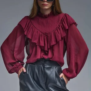 Blusa romântica de manga comprida com folhos cor de vinho