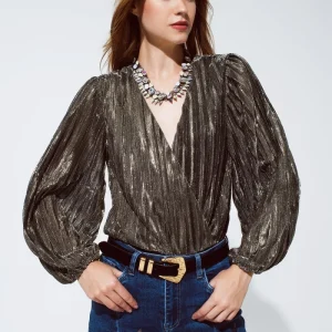 Body brilhante em Glitter com Decote em V profundo em dourado
