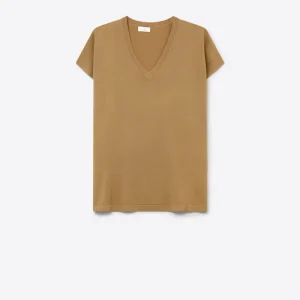 Camel Camisola de malha fina com decote em V e manga curta