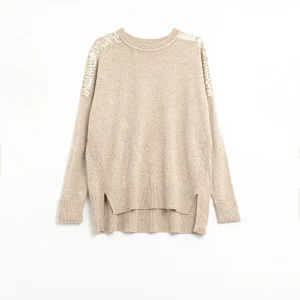 Camelo Camisola de mangas compridas com lantejoulas nos ombros