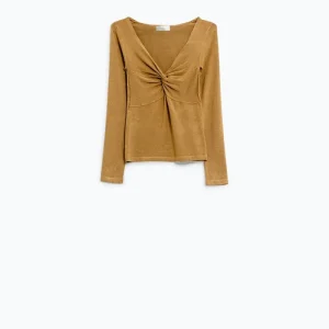 Camisa de manga comprida Beige com pormenor de nó e decote em V