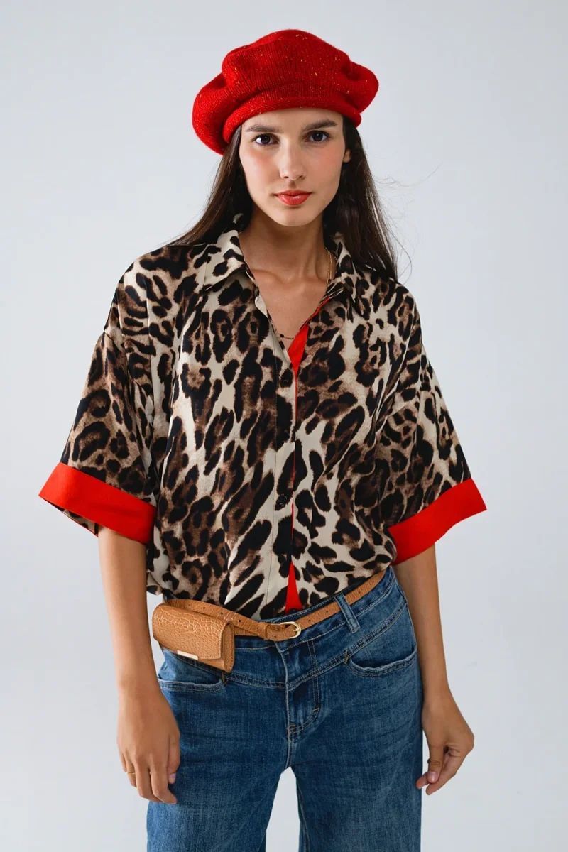 Camisa Manga 3/4 Leopardo Com Detalhes Vermelhos - Image 2