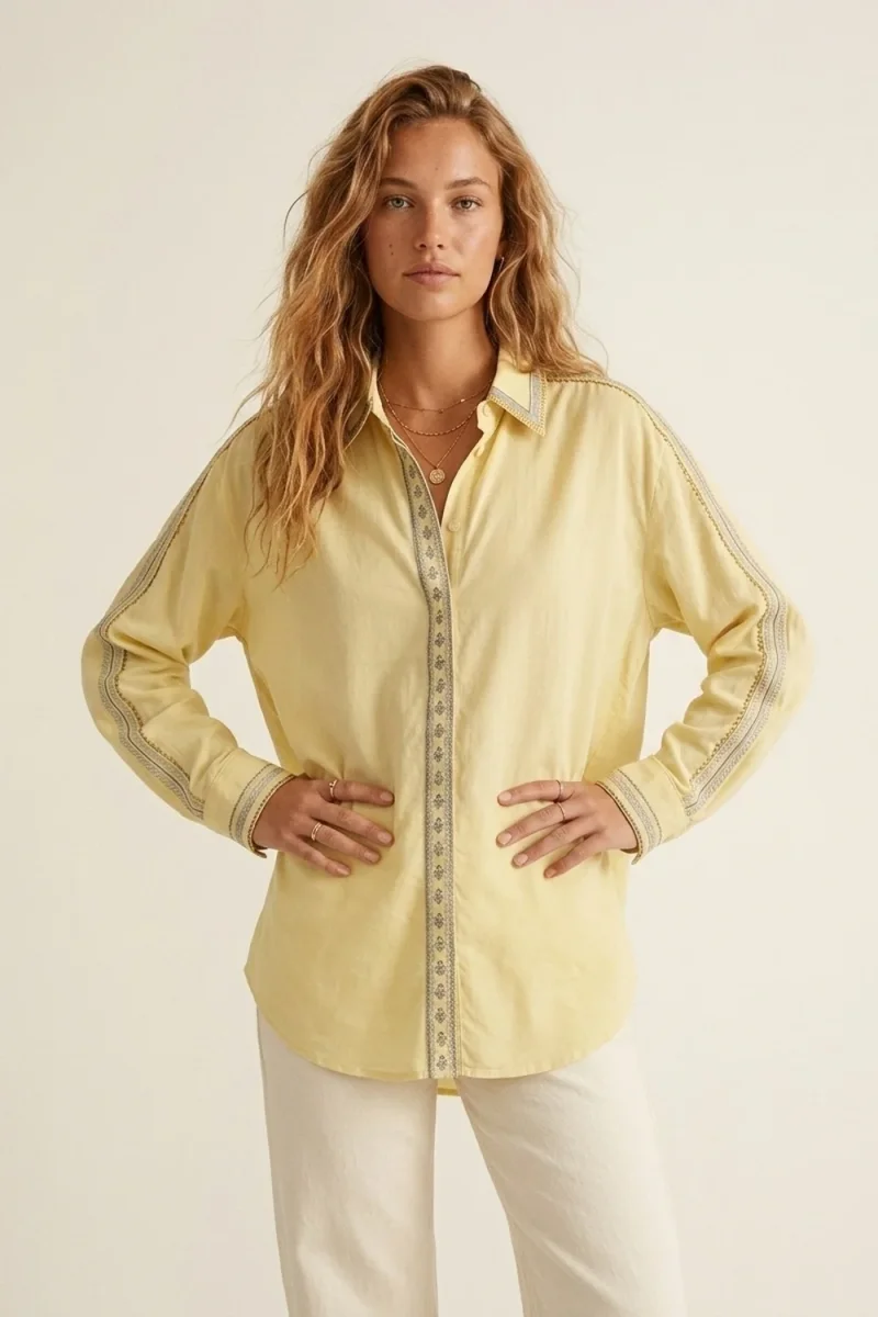 Camisa Oversize amarela com pormenores de guarnição bordados - Image 4