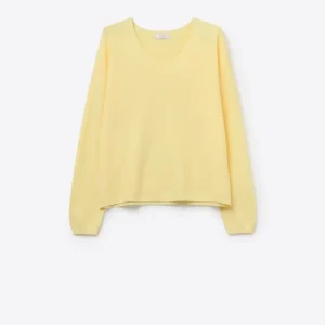 Camisola amarela de malha fina com decote em V e textura linear subtil