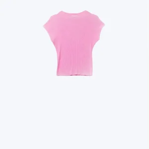 Camisola com gola alta e mangas curtas com nervuras em fucsia