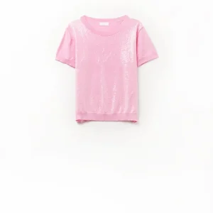 Camisola de lantejoulas cor-de-rosa com gola redonda
