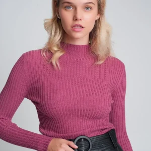 Camisola de pescoço alto de bitola fina em fúcsia