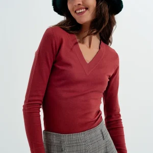 Camisola em V de cor de ferrugem
