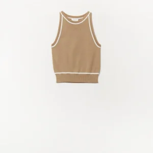 Camisola Sem Mangas Em Camel Com Detalhe De Linhas Brancas