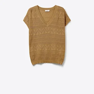 Colete de camisola de manga curta com decote em V em malha camel