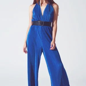 Macacão Maxi em azul plissado com alças de cetim