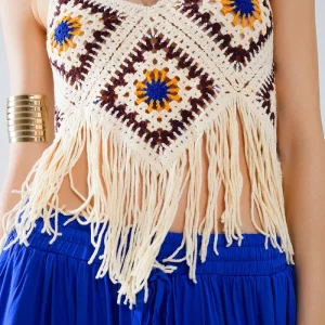 Top de croché com franjas em creme