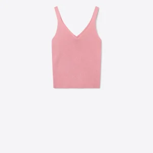 Top em malha canelada com brilhantes cor-de-rosa com decote em V
