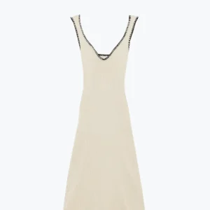 Vestido de verão de malha que abraça o corpo em bege com rebordo preto