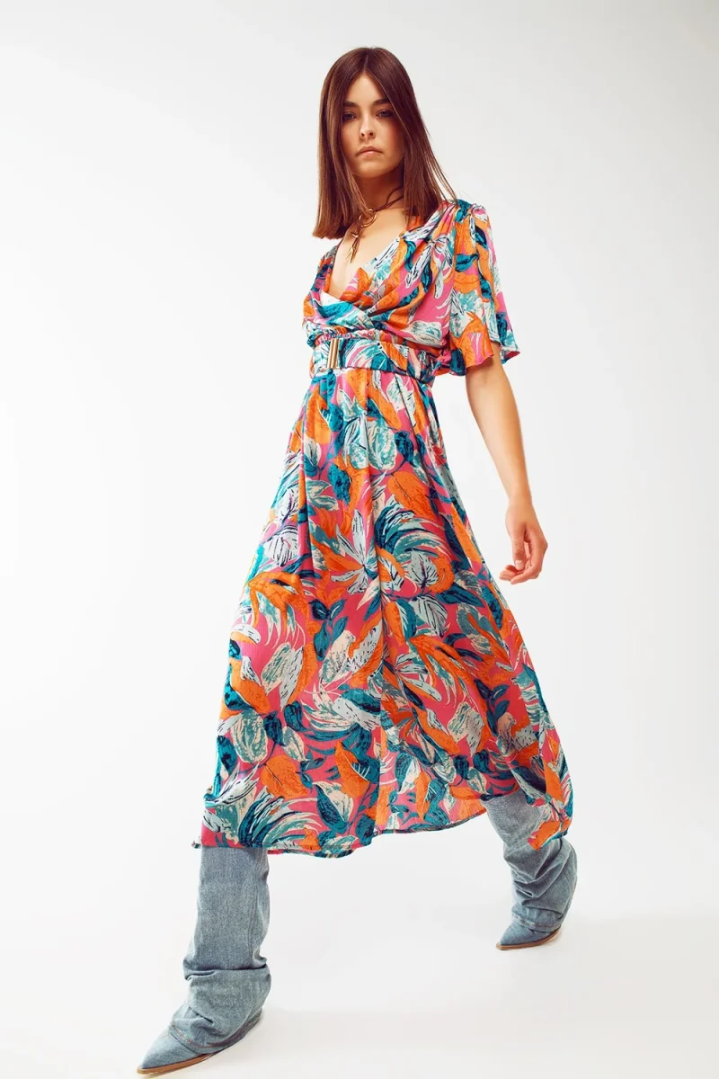Vestido longo com estampa floral e cinto em laranja