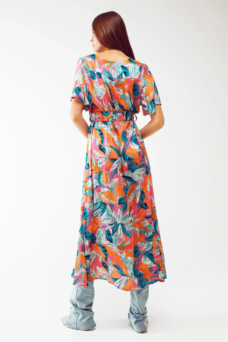 Vestido longo com estampa floral e cinto em laranja - Image 3