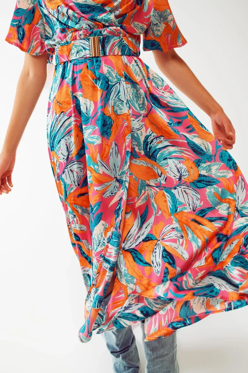 Vestido longo com estampa floral e cinto em laranja - Image 4