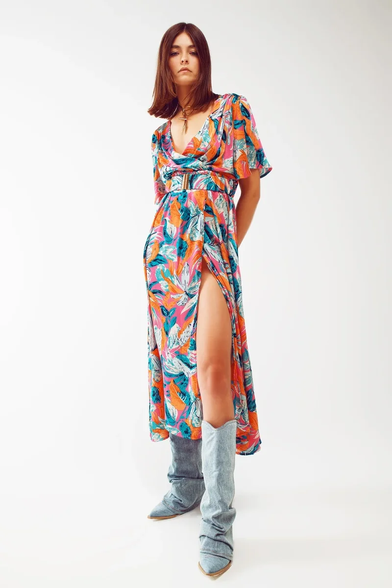 Vestido longo com estampa floral e cinto em laranja - Image 5