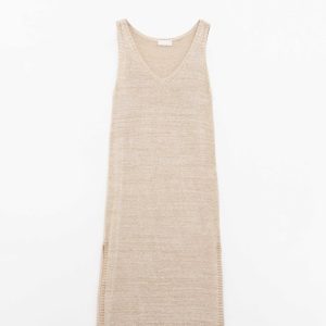 Vestido Maxi Bege Sem Mangas Com Fenda Lateral
