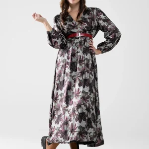 vestido maxi com estampado de flores de efeito metálico