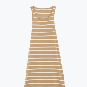 Vestido maxi com gola redonda em beige com riscas brancas
