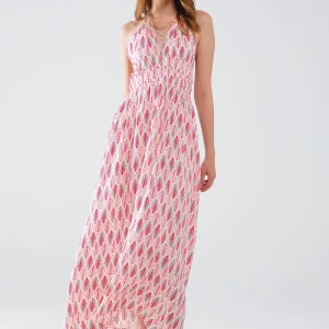 Vestido maxi de verão com estampado de penas e costas abertas em cor-de-rosa