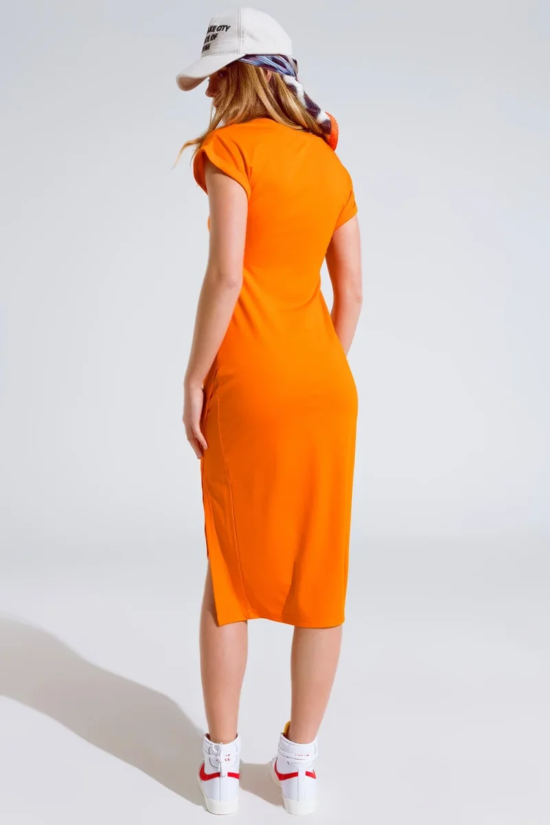 Vestido maxi laranja com fenda e rouche na lateral - Image 3