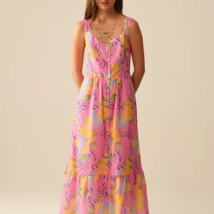 Vestido maxi sem mangas rosa com estampa de limão