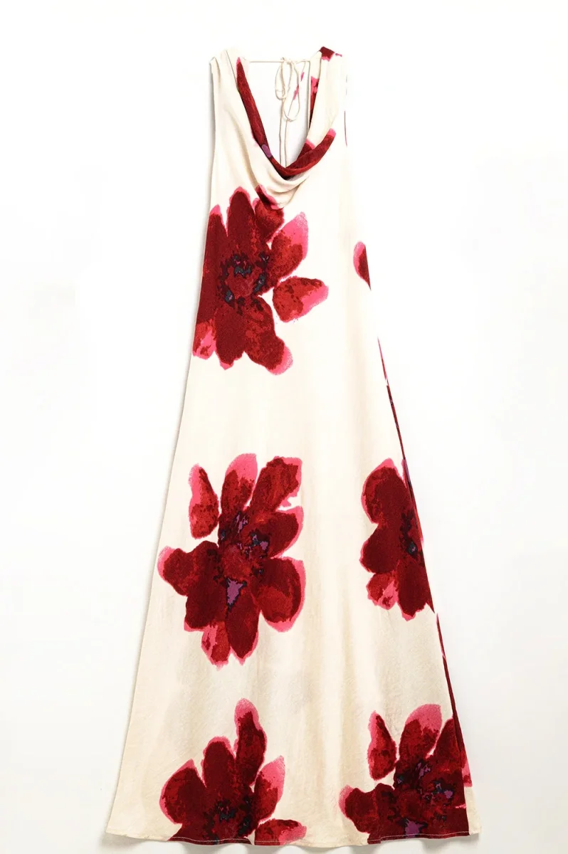 Vestido maxi vermelho sem mangas e esvoaçante com estampa floral - Image 3