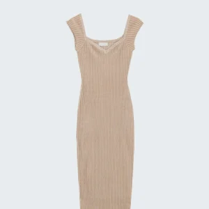 Vestido midi bege com nervuras grossas e mangas curtas