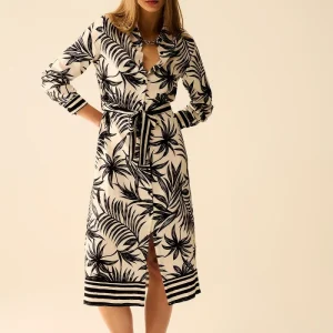 Vestido Midi de Manga Longa com Motivo Tropical em Preto e Branco